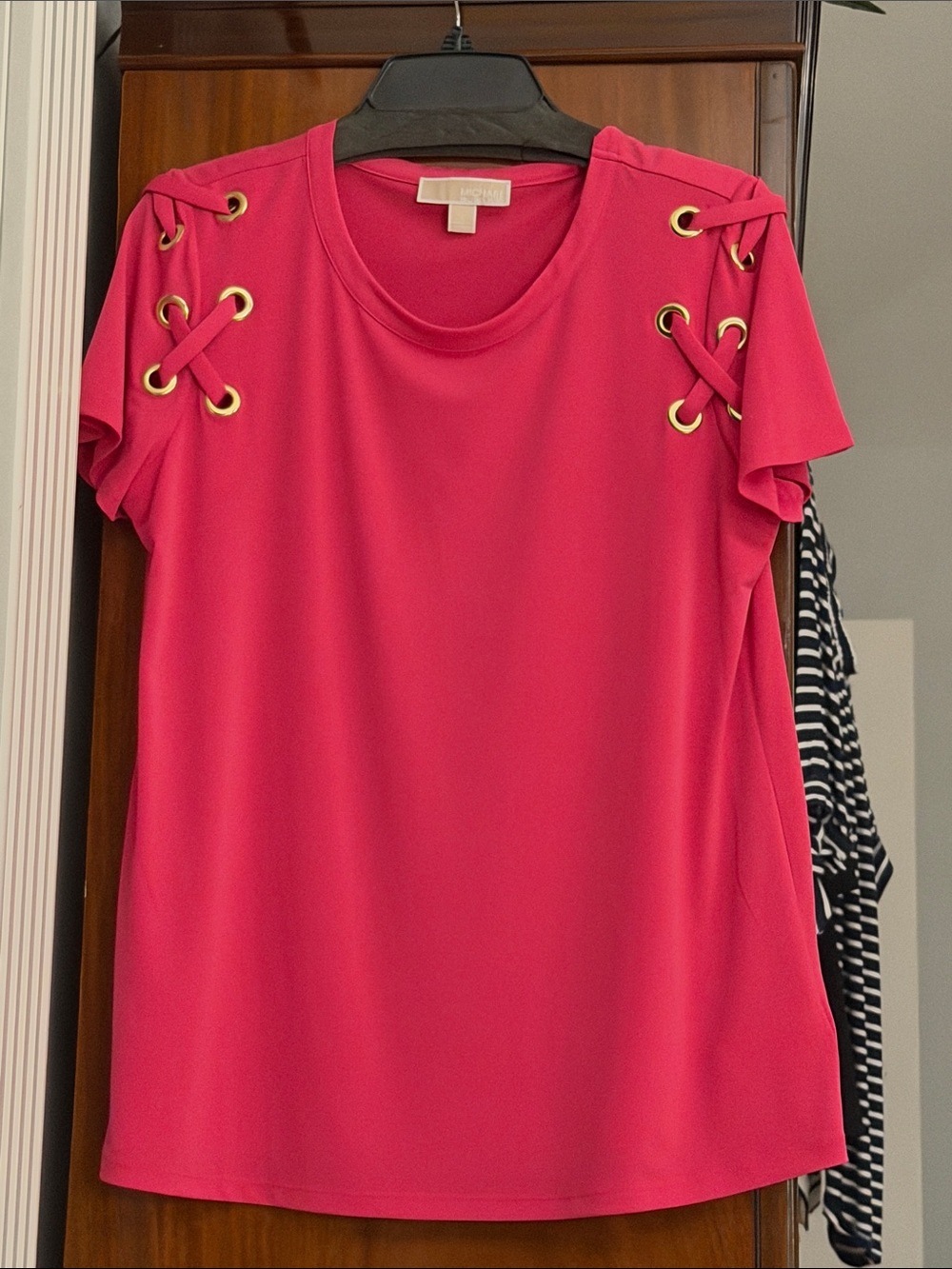 Michael Kors Hot Pink Lace-Up Shoulder Short Sleeve Top